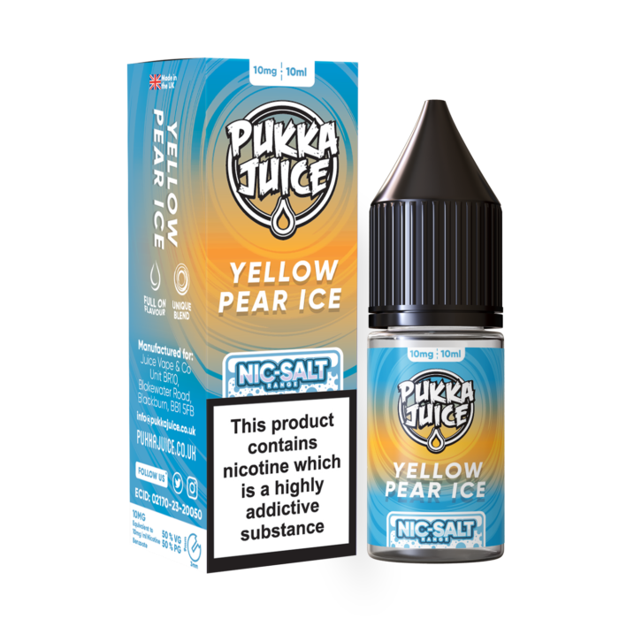 Delight in the refreshing fusion of juicy yellow pears and a cool icy blast. Our PukkaJuice Yellow Pear Ice e-liquid delivers a crisp and sweet flavour that will leave you feeling refreshed and invigorated.