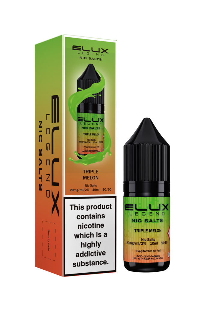 Enjoy the sunshine and a splash of summer with Elux's Triple Melon Nic Salt, a harmonious blend of succulent watermelon, refreshing cantaloupe, and sweet honeydew. Each inhale smoothly delivers a sweet escape to a sun-drenched paradise.