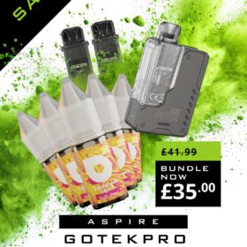 VapeGB is proud to bring you Bundle Deals, and welcome to our Gotek Pro Bundle Page. ONLY AVAILABLE ONLINE! Why not make the switch to with this ideal starter bundle. 4 bottles of Pukka Juice Nicotine salts e-liquid, 2 spare pods and the All new Aspire Gotek Pro.