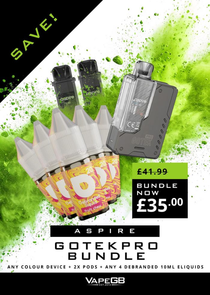 VapeGB is proud to bring you Bundle Deals, and welcome to our Gotek Pro Bundle Page. ONLY AVAILABLE ONLINE! Why not make the switch to with this ideal starter bundle. 4 bottles of Pukka Juice Nicotine salts e-liquid, 2 spare pods and the All new Aspire Gotek Pro.