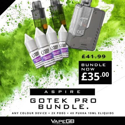 VapeGB is proud to bring you Bundle Deals, and welcome to our Gotek Pro Bundle Page. Why not make the switch to with this ideal starter bundle. 4 bottles of Pukka Juice Nicotine salts e-liquid, 2 spare pods and the All new Aspire Gotek Pro. The Aspire Gotek Pro pod vape kit is a good choice if you’re looking for a compact, pocket-friendly option for on-the-go vaping. The built-in 1500mAh rechargeable battery is big enough to last all day long, and thanks to the fixed low wattage and high-resistance coil this delivers an authentic MTL (Mouth To Lung) vape.